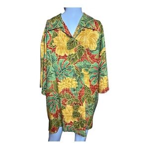Tommy Bahama Silk‎ Shirt with Tropical Orange, Yellow, Green Pattern, Size L